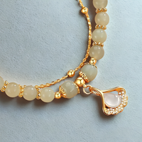 Apricot Green Beaded Bracelet, Gold Colour Double Layer Rope Chain, Leaf 1797