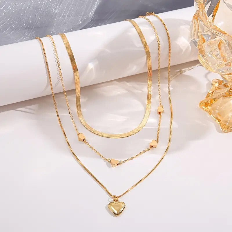 3 Pcs Heart Shape Charm Chain Stackable Three Layers Necklace Adjustable 93