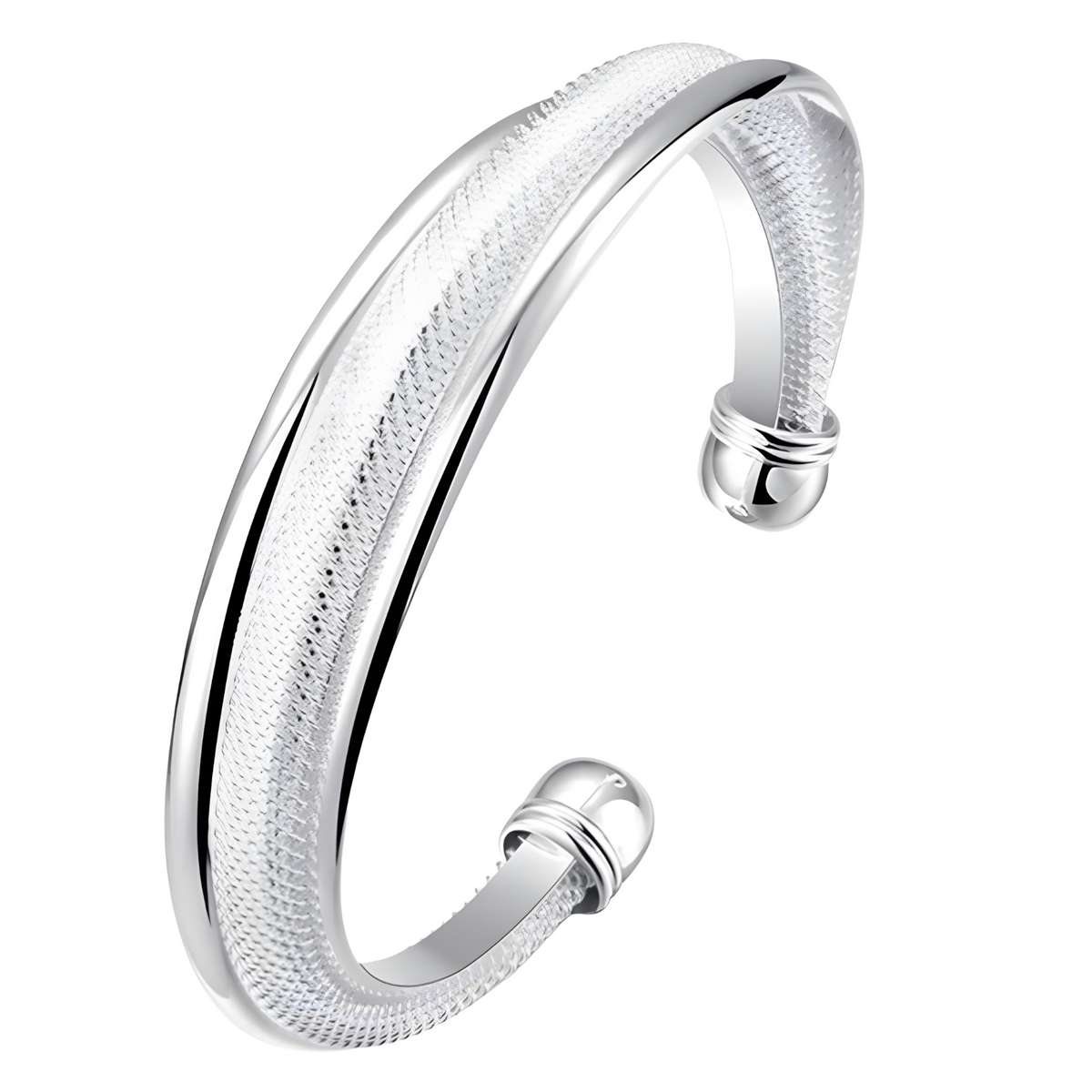 925 Silver-Plated Textured Open Bangle Bracelet Adjustable Unisex Round Cuff 884