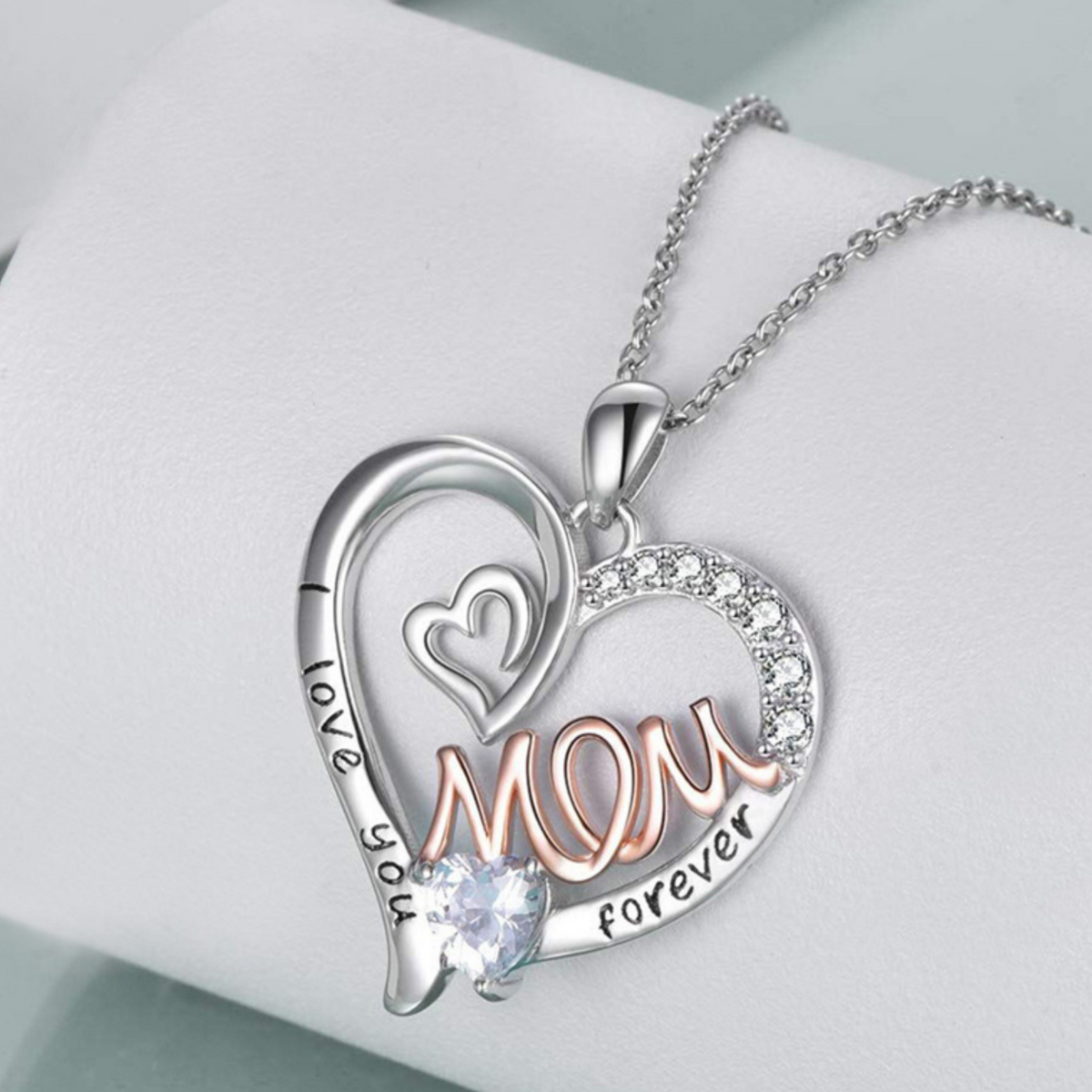 “I Love You Mom Forever” Heart Pendant Necklace – Cubic Zirconia Crystal B86