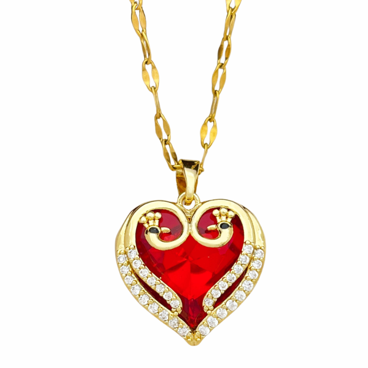 Womens Red Crystal Heart Pendant Necklace 18K Gold Inlaid Cubic Zirconia 1312