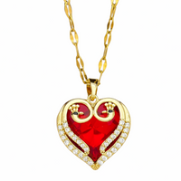 Womens Red Crystal Heart Pendant Necklace 18K Gold Inlaid Cubic Zirconia 1312