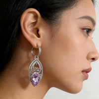Purple Teardrop Crystal Look Drop Earrings For Women Silver Colour Filigree 1775