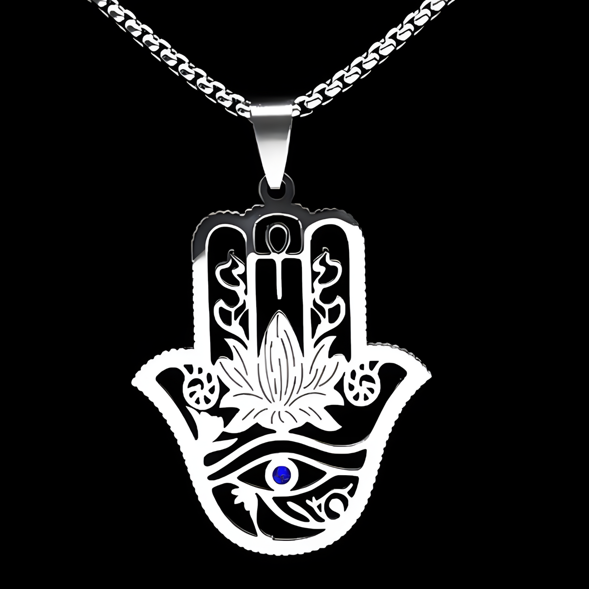 Hamsa Hand Lotus Necklace – Stainless Steel Eye Of Horus Pendant, Silver 1089
