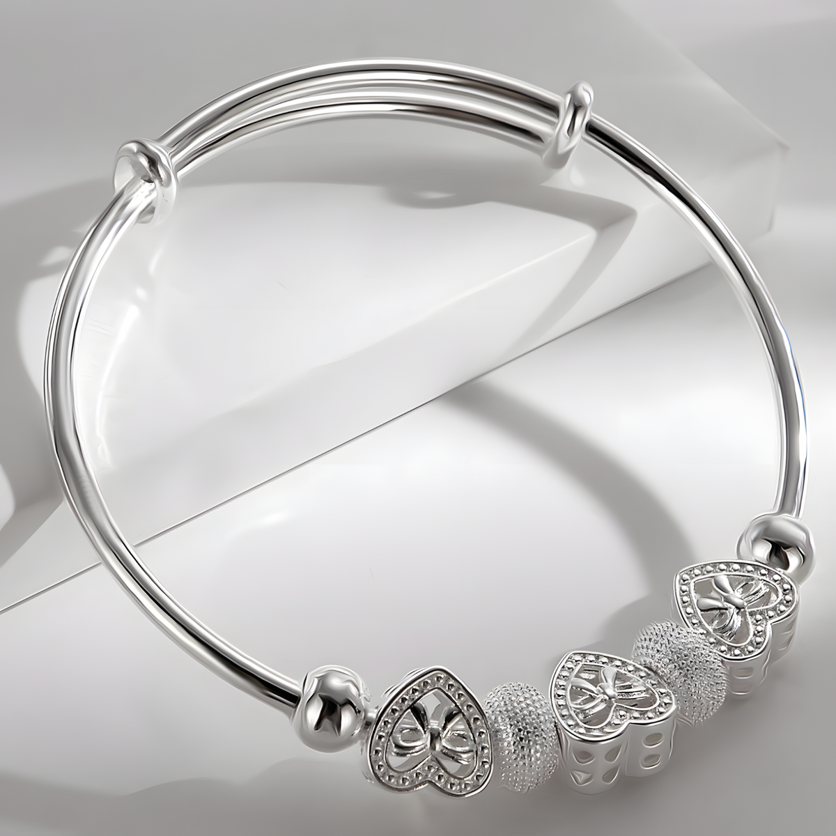 Heart Bow Charm Bangle for Women - Adjustable Polished Bracelet Three Heart 1816