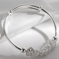 Heart Bow Charm Bangle for Women - Adjustable Polished Bracelet Three Heart 1816
