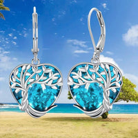 Heart-Shaped Tree of Life Drop Earrings with Blue Crystal Sterling Silver 743
