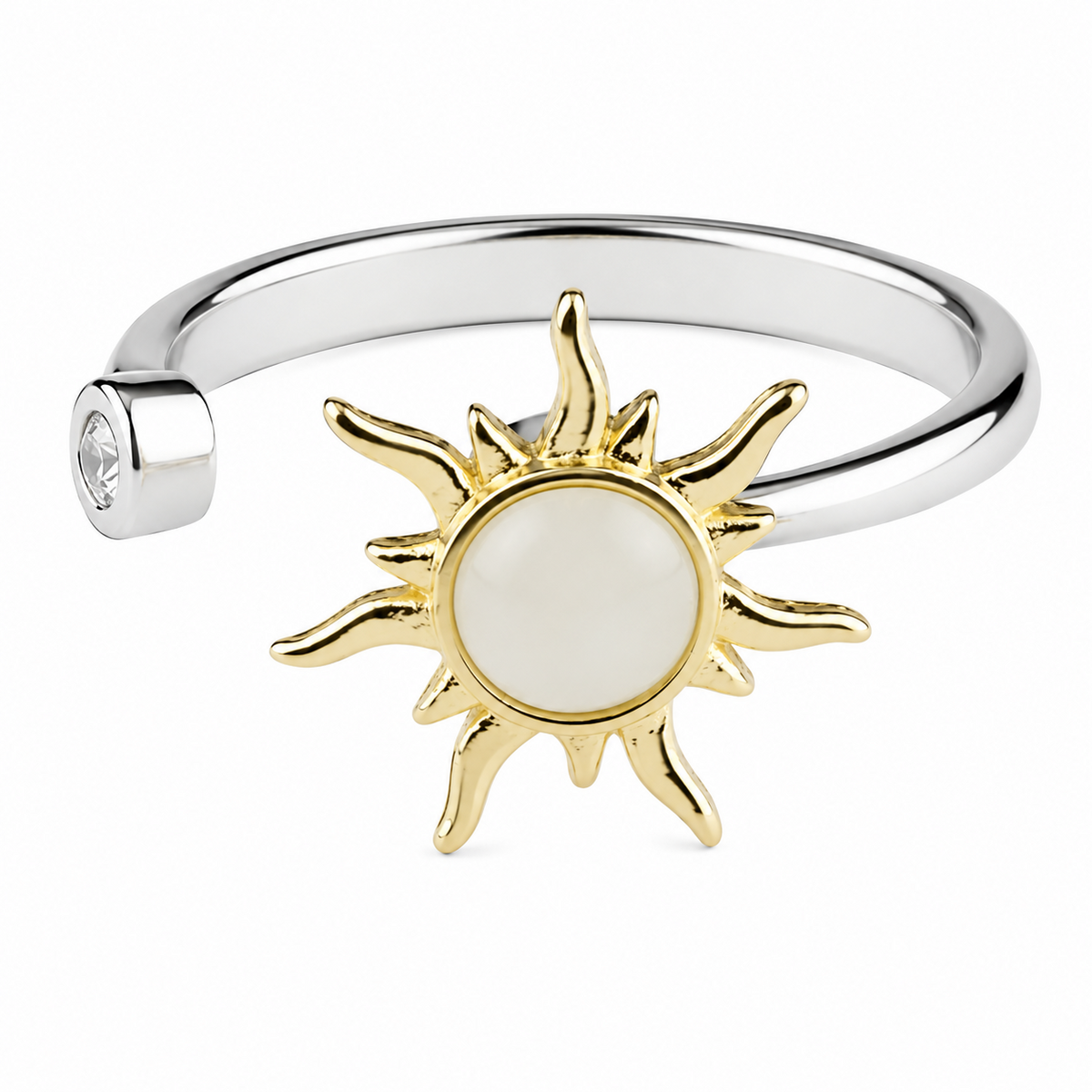 Sun Spinner Ring Adjustable Open Band Two Tone Statement Ring Clear Accent 1590