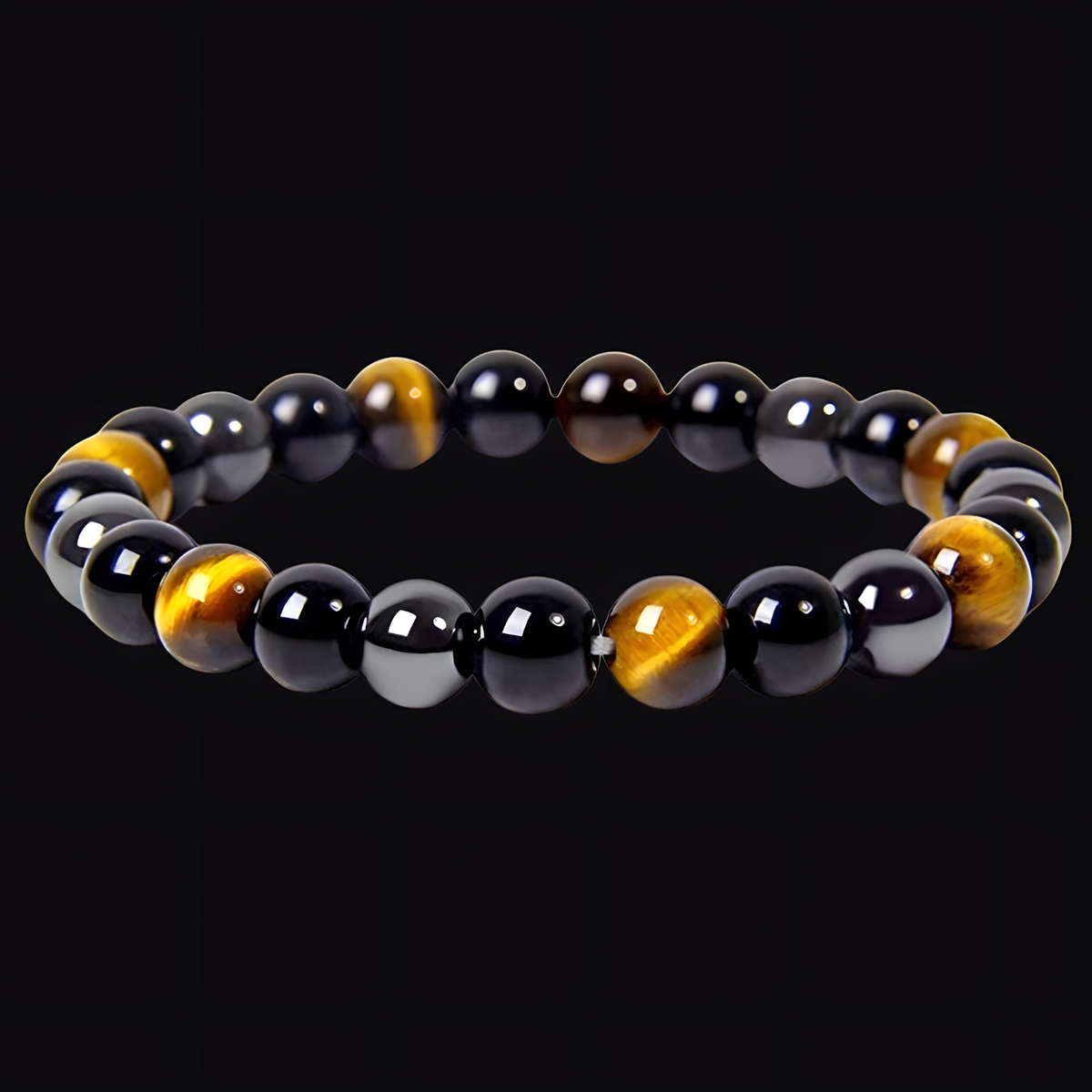 Triple Protection Bracelet 8mm Tiger Eye Black Obsidian Hematite Beaded 1499