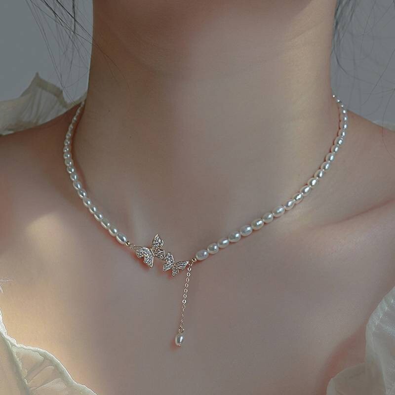 Butterfly Necklace Faux Pearls Beads Elegant Bead Necklace Rhinestones 69 UK