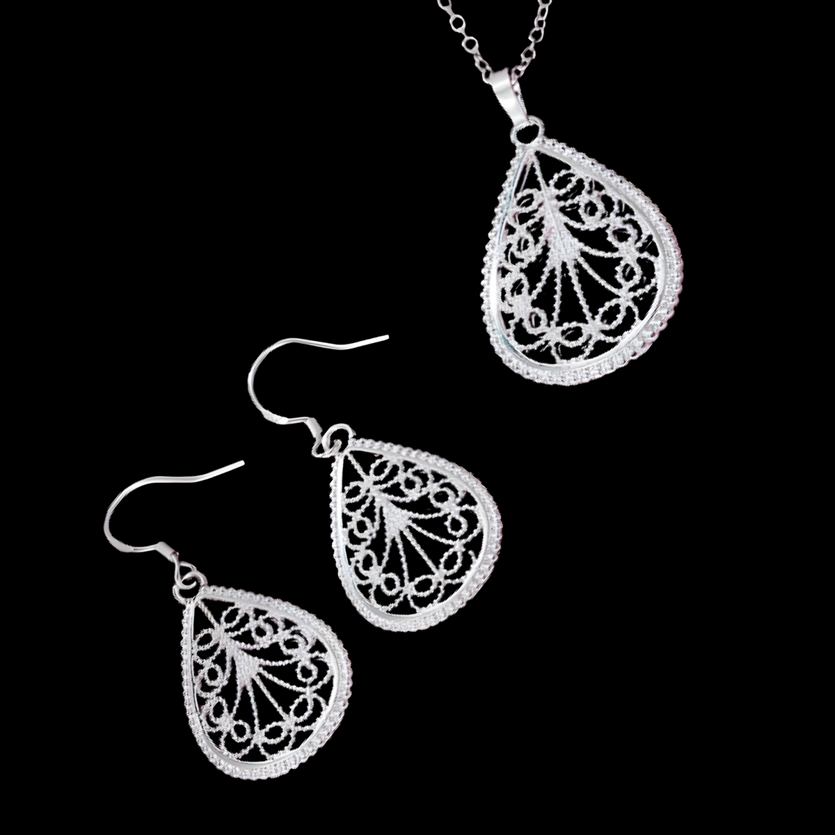 Water Drop Pendant Necklace and Earring Set-Copper Alloy 925 Silver Plating 1202
