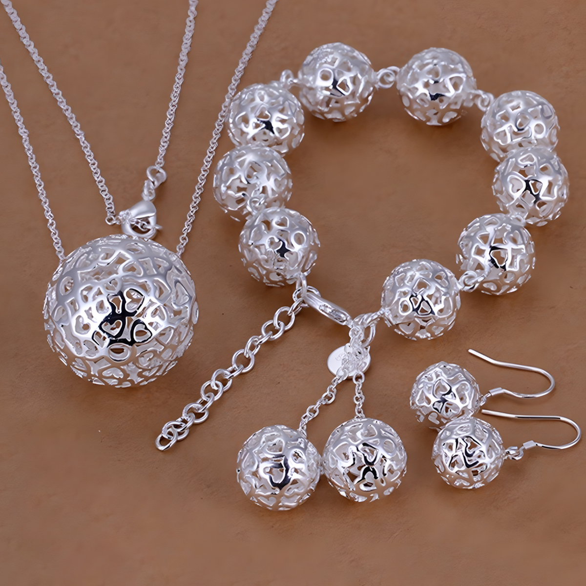 Silver Plated Hollow Ball Jewellery Set–Copper Alloy 925 Silver Plating 1218