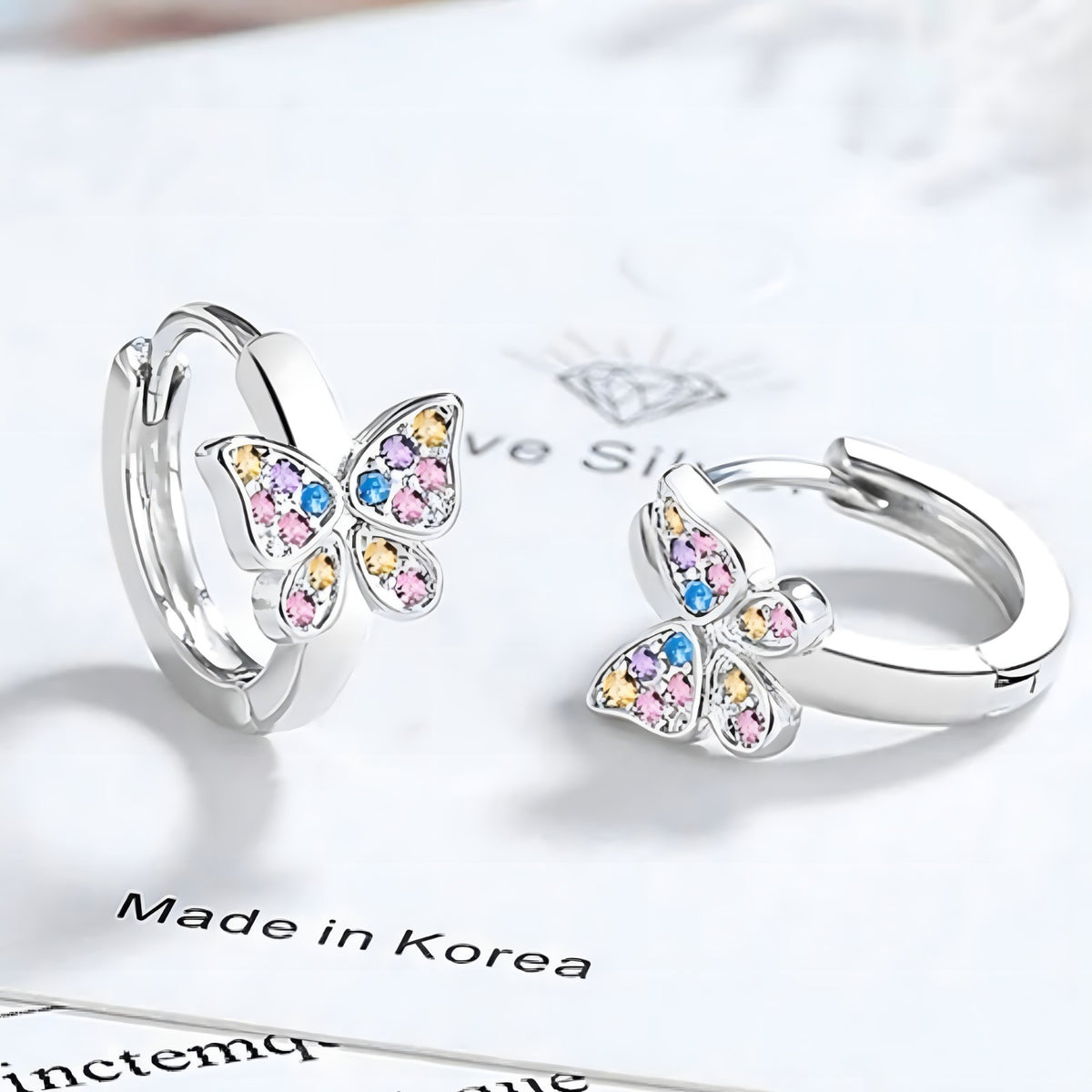 925 Sterling Silver Butterfly Hoop Earrings MultiColor Zircon Huggie 353