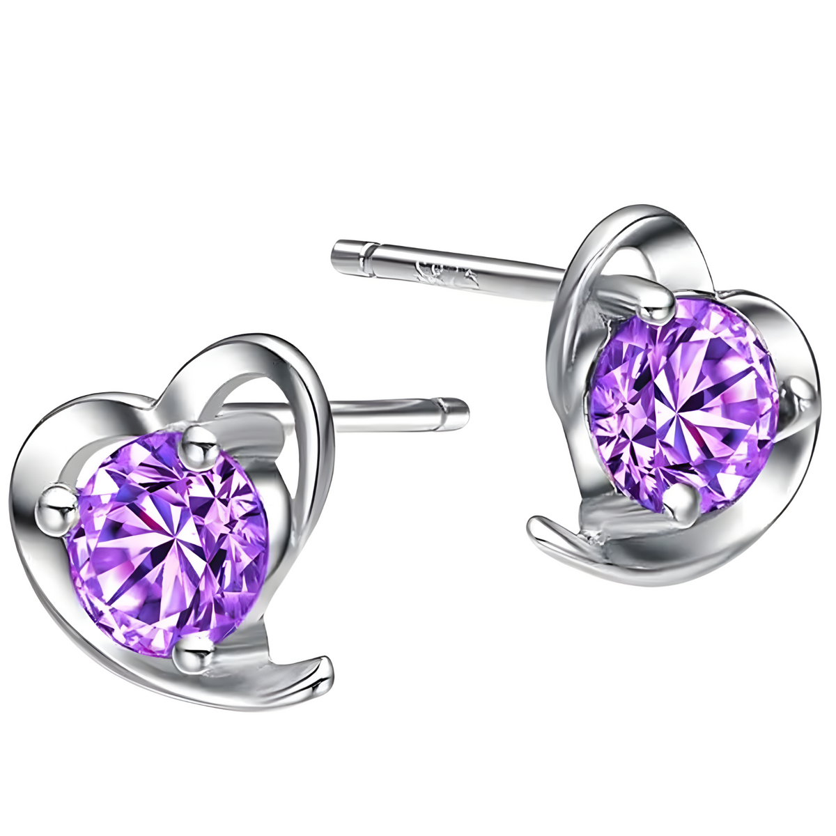 Sterling Silver 925 Amethyst Stone Heart Shaped Stud Earrings Girls Women 481