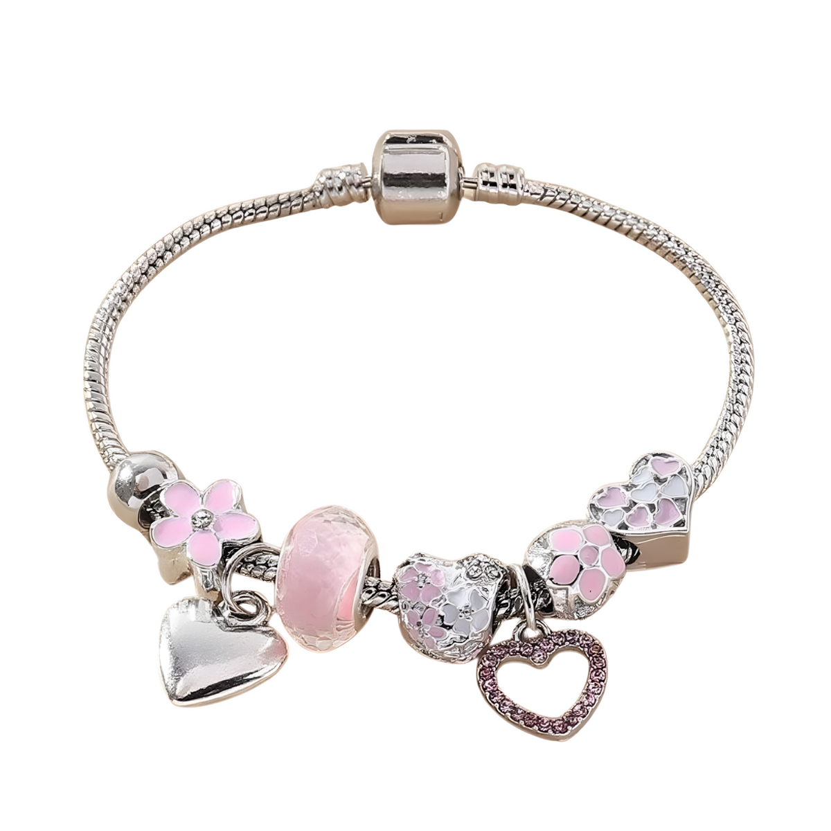 Obega Love Heart Flower Glass Pendant Charm Bracelet Classic Pink White B186