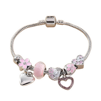 Obega Love Heart Flower Glass Pendant Charm Bracelet Classic Pink White B186