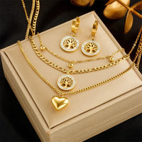 3 PCS Layered Gold Necklace Set Women Heart & Tree of Life Pendant & Earing 704