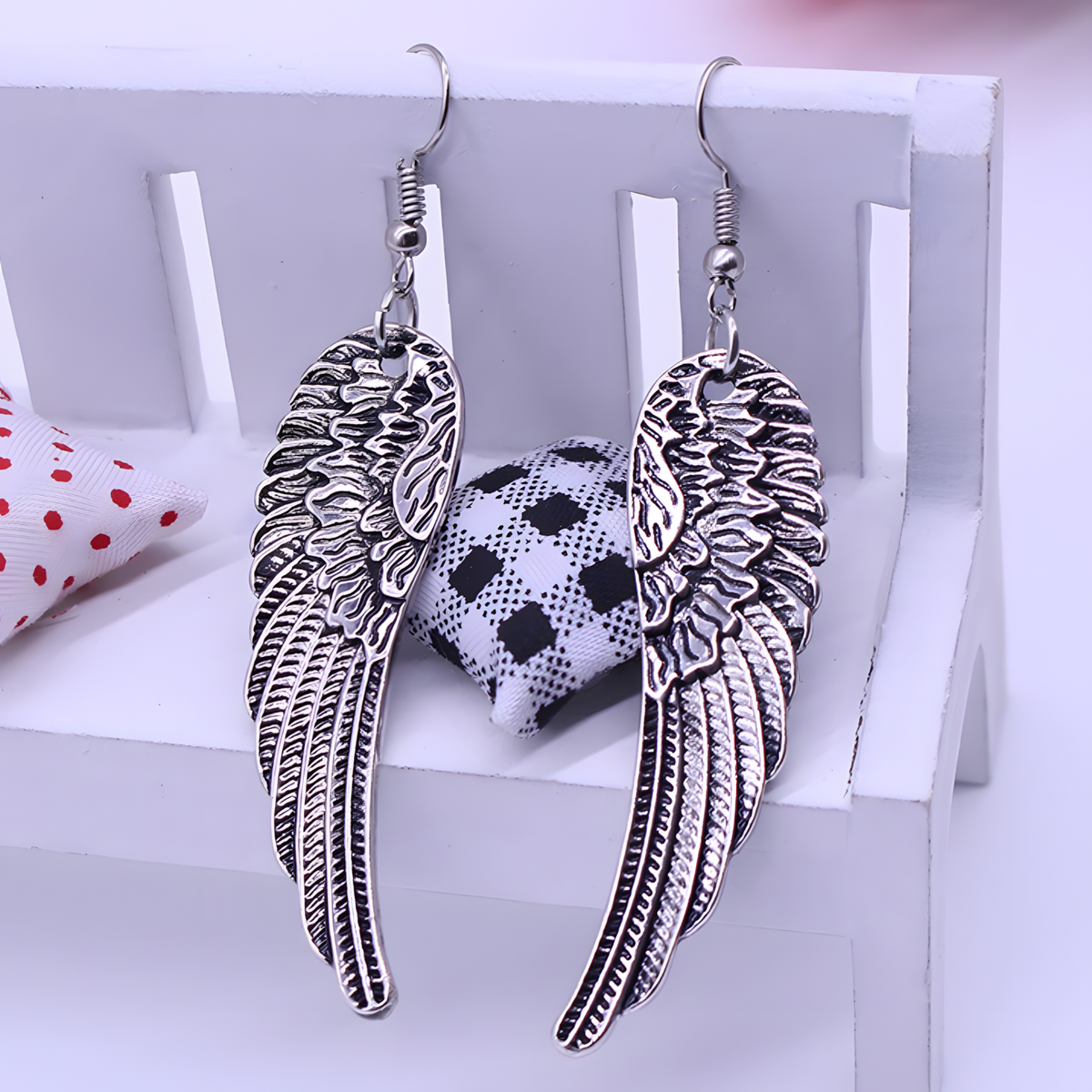 Silver Tone Angel Wing Dangle Earrings Women Feathered Design Hook Earrings B53