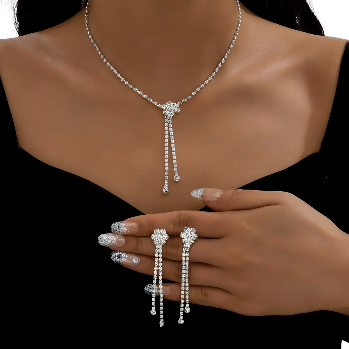 Elegant Silver Rhinestone Tassel Necklace & Earrings Set for Women – Crystal 720