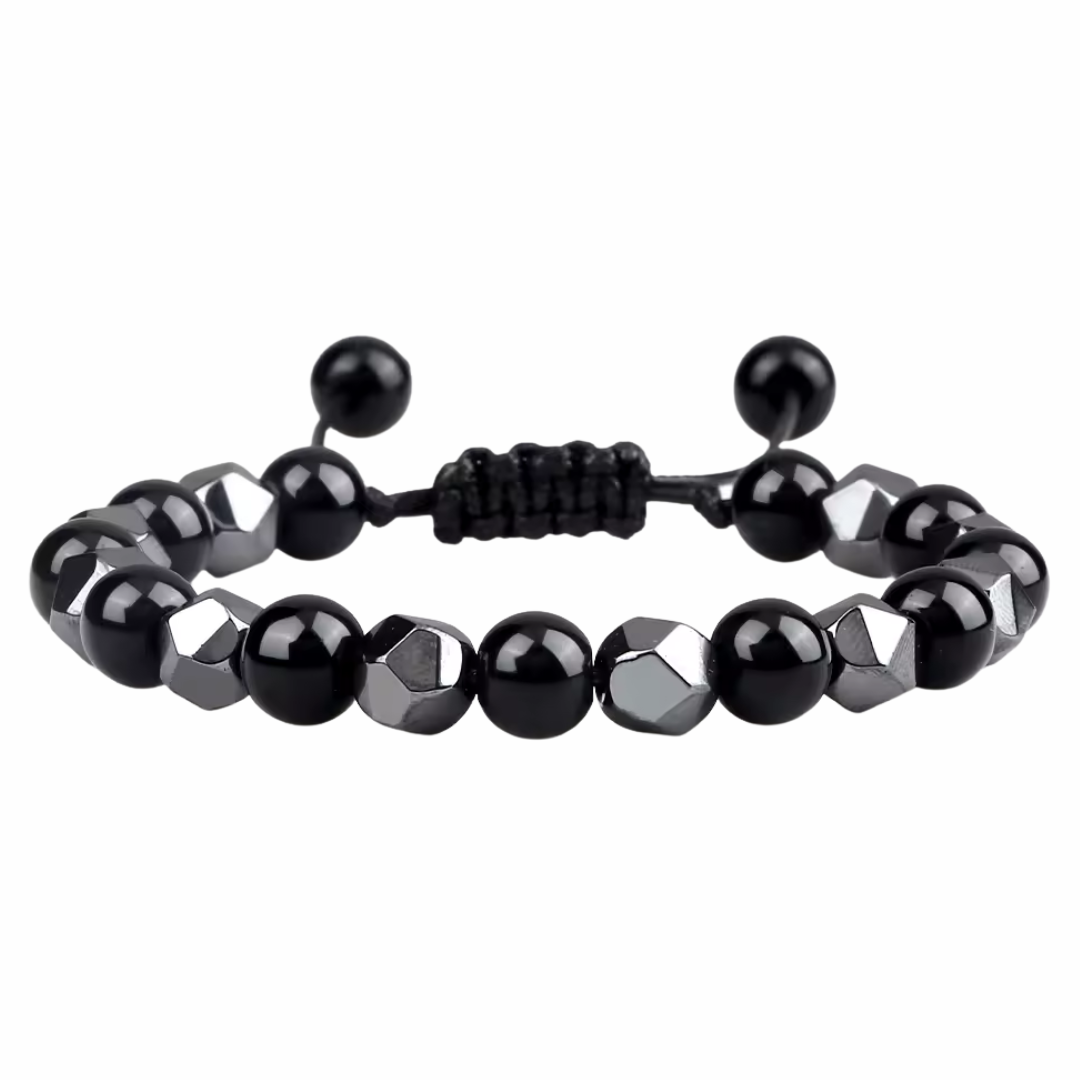 Black 8mm Bright Black Beaded Bracelet Adjustable Macrame Bracelet Unisex 1350
