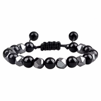 Black 8mm Bright Black Beaded Bracelet Adjustable Macrame Bracelet Unisex 1350