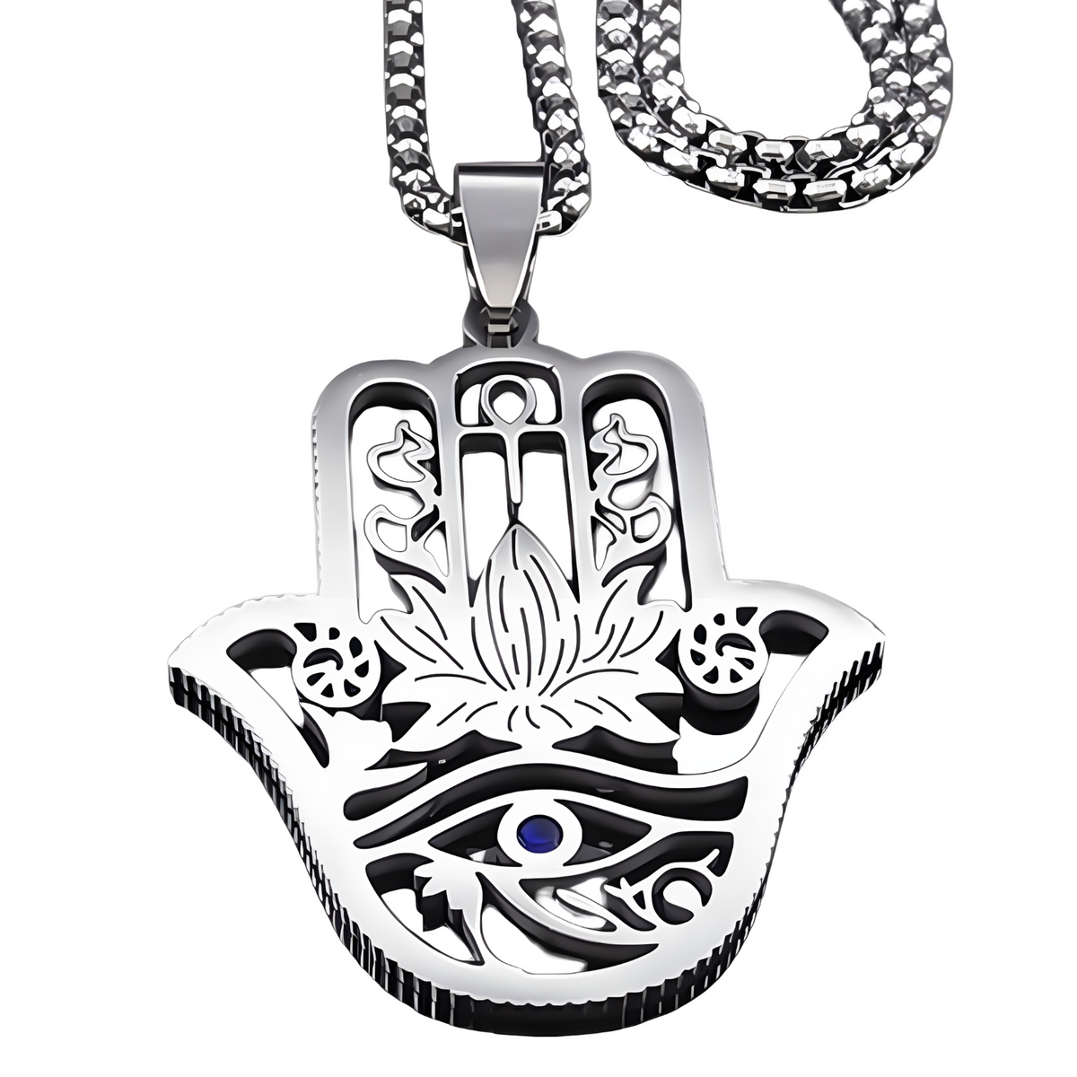 Hamsa Hand Lotus Necklace – Stainless Steel Eye Of Horus Pendant, Silver 1089