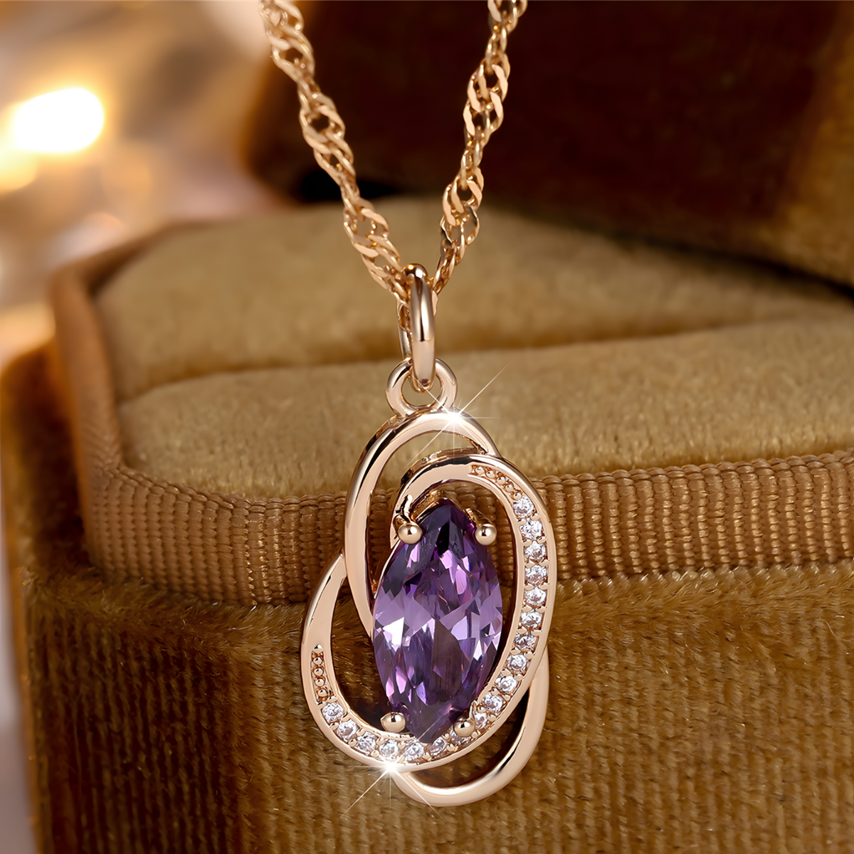 585 Rose Gold Plated Oval Purple Cubic Zirconia Pendant Necklace for Women 1288