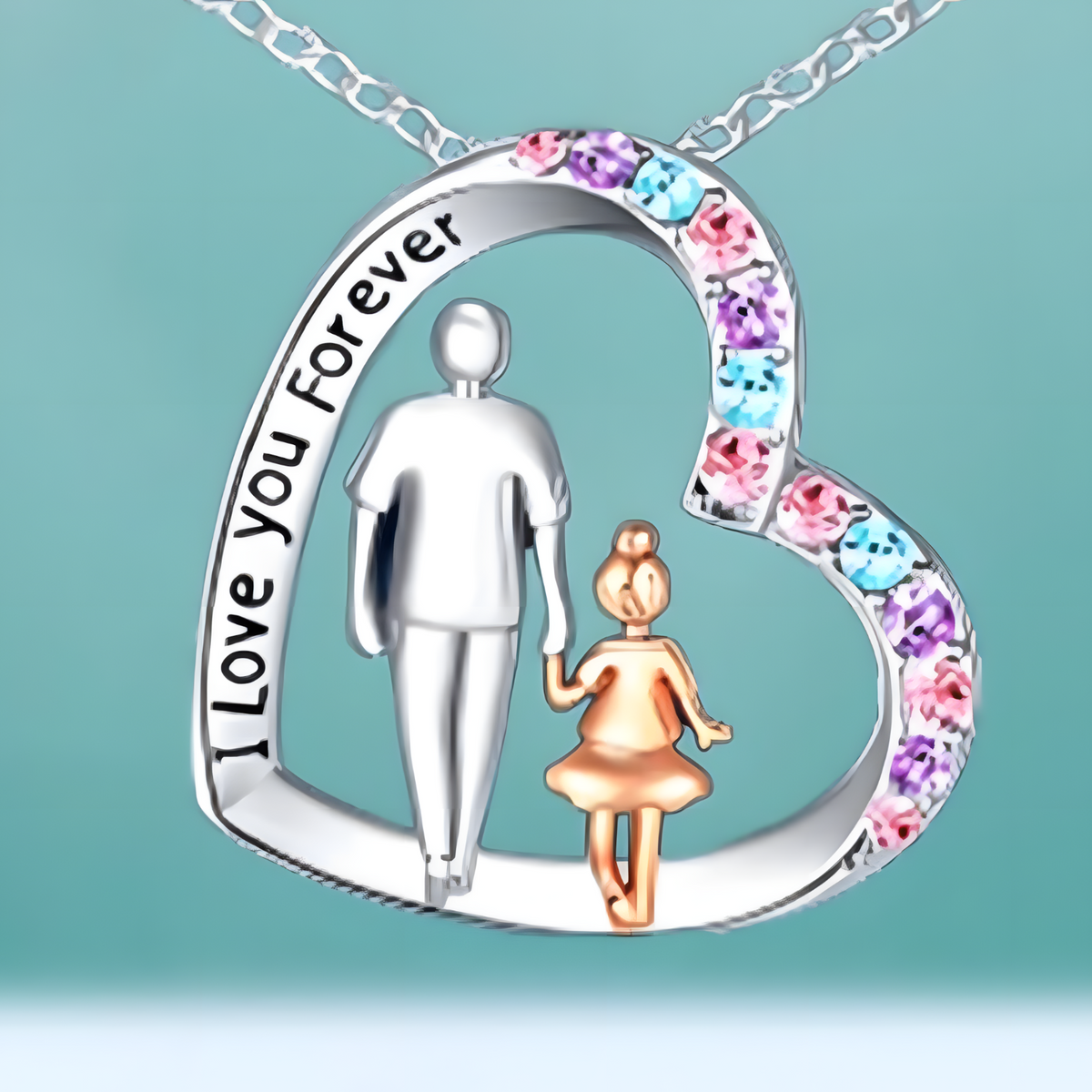 "I Love You Forever" Father Daughter Heart Necklace Pendant Cubic Zirconia B56