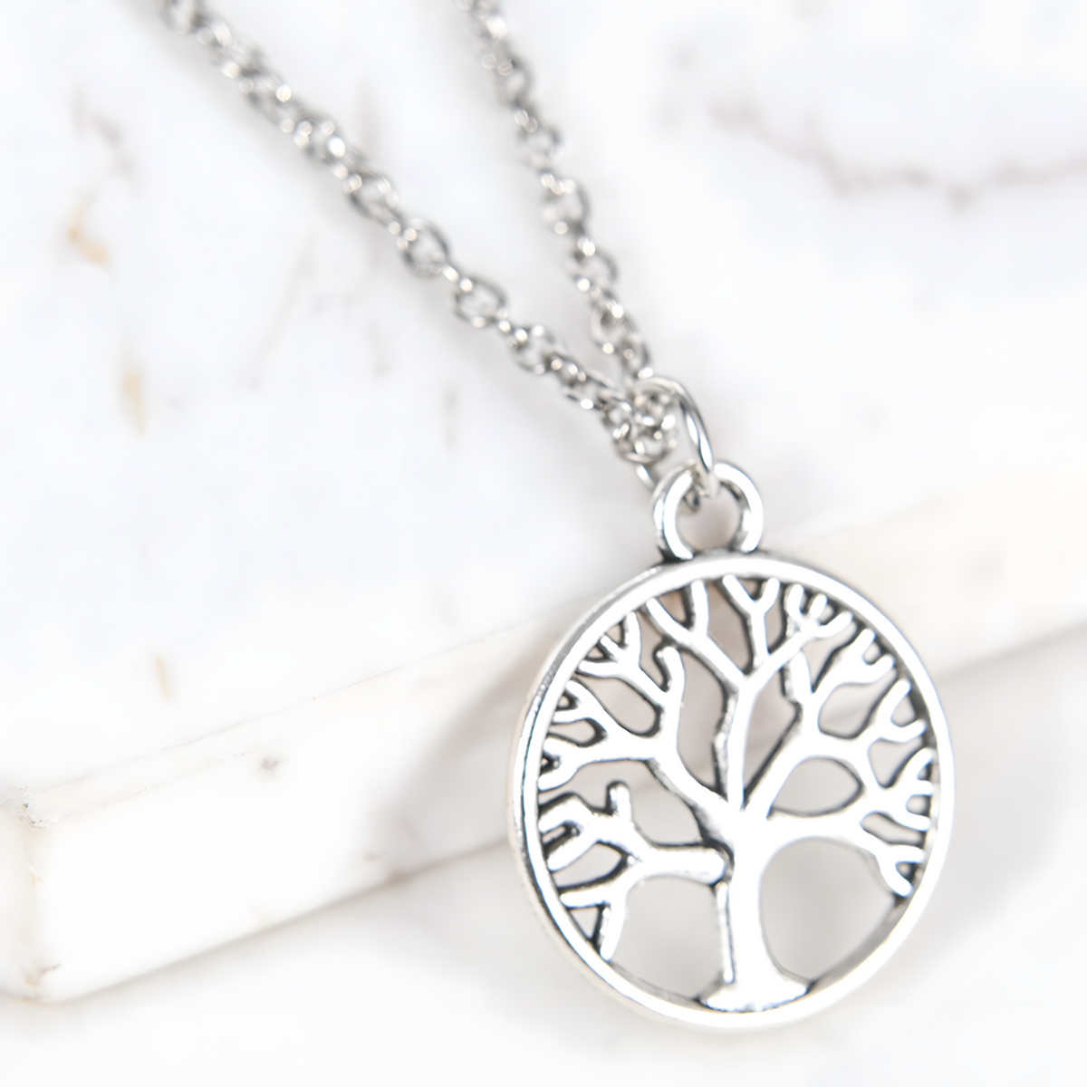 Antique Silver Plated Life Tree Pendant Necklace, Unisex Retro Charm Amulet B134