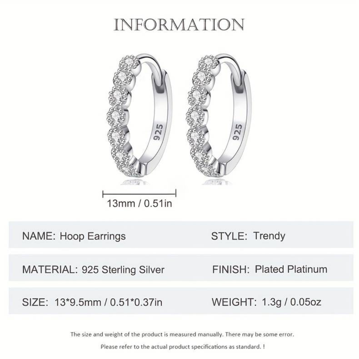 925 Sterling Silver Trendy Hoop Earrings, 13mm Diameter, Platinum Plated 147