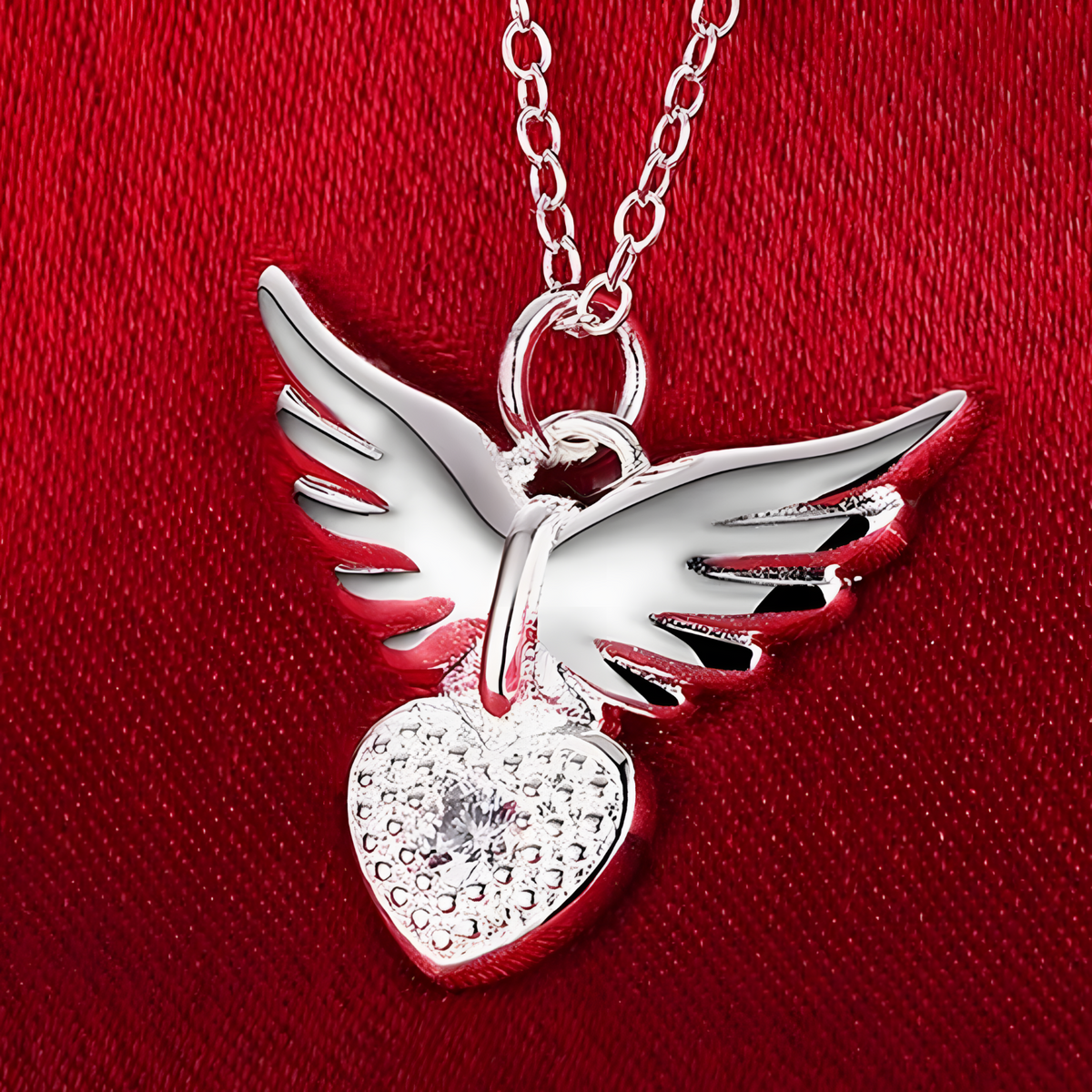925 Sterling Silver Love Heart Angel Wing Zircon Pendant Necklace B43