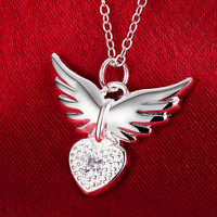 925 Sterling Silver Love Heart Angel Wing Zircon Pendant Necklace B43
