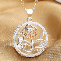 Elegant Rose Flower Diamond Pendant Necklace - Silver Tone Rose Gold Accent B84