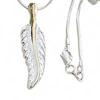 Feather Pendant Necklace 18 Inch Snake Chain - Two Tone Textured Feather 1500