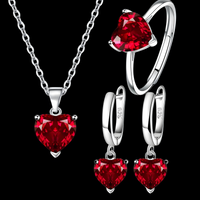 Sterling 925 Silver Heart Crystal Necklace Earrings Ring Set Her Gift Red B33