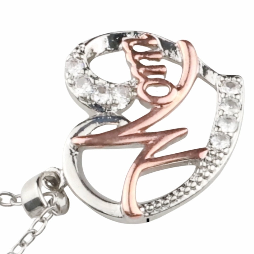 Two Tone Mom Heart Necklace Silver And Rose Gold Pendant Cubic Zirconia 1363