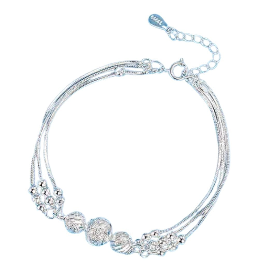 925 Sterling Silver Multi-Strand Snake Chain Bracelet Women Textured Beads 415