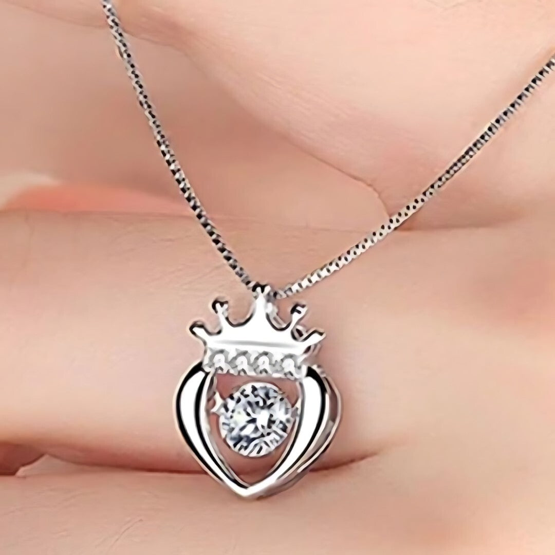 925 Sterling Silver Crown Heart Dancing Zircon Necklace – Elegant Box Chain 252