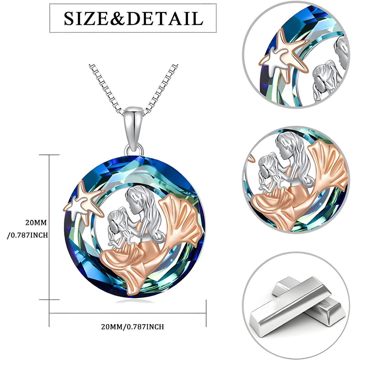 Mermaid Necklace Women Sterling Silver Plated Mother Daughter Blue Ocean B145