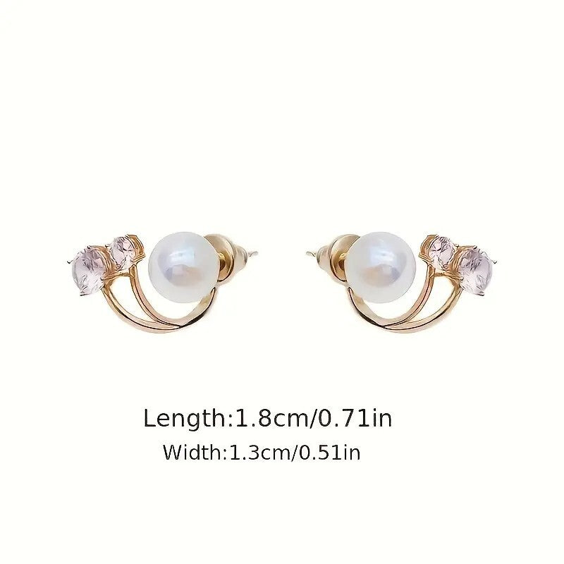925 Silver Needle Faux Pearl & Two Zircon Earrings Elegant Silver Plated 21 UK