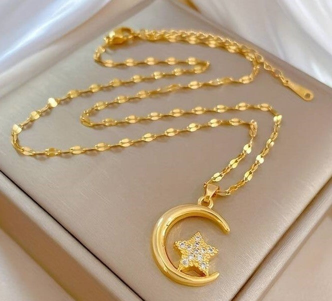 Zircon Moon & Star Pendant Necklace, Delicate Choker, Hypoallergenic 113 UK