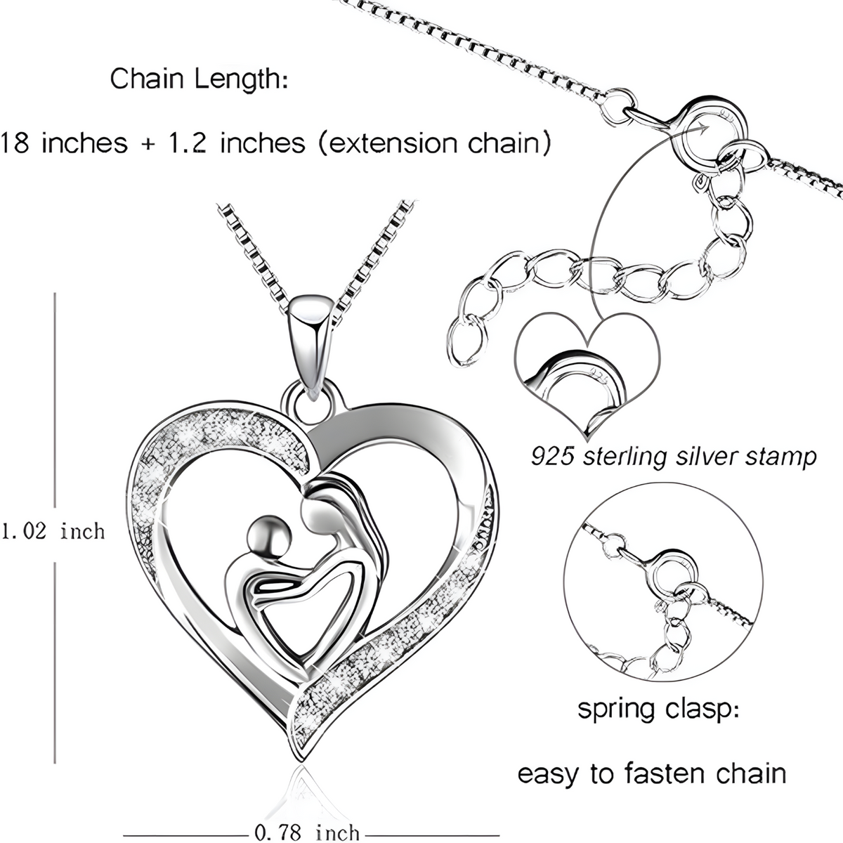Mother & Child Heart Sterling Silver Necklace - Mother's Day Gift & Beyond! B76