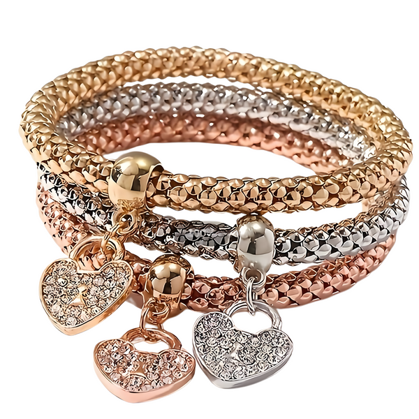 3-Piece Heart Charm Bracelet Set for Women – Rose Gold, Silver & Gold Plated 697