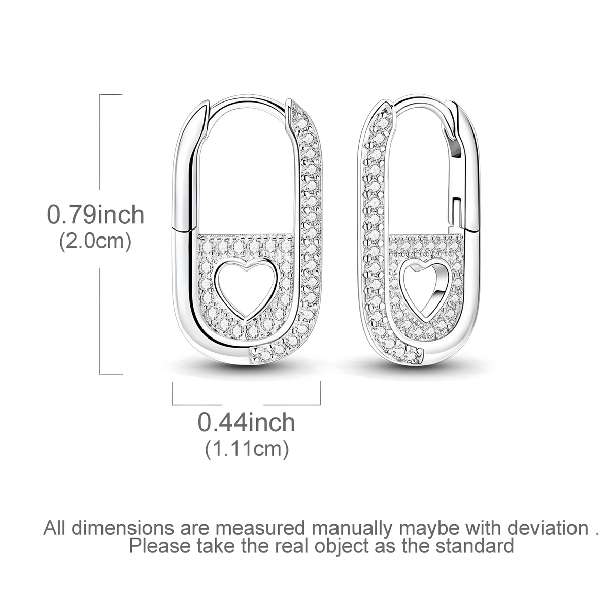 Silver Plated Heart Cutout Safety Pin Huggie Hoop Earrings, Pave CZ Diamond 634