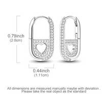 Silver Plated Heart Cutout Safety Pin Huggie Hoop Earrings, Pave CZ Diamond 634