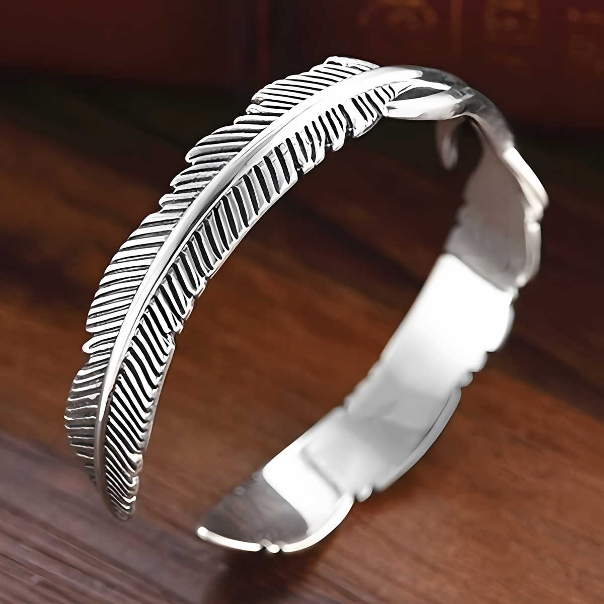 Women Feather Bangle Cuff Bracelet, Retro Silver Color Open Wrist Wrap 606
