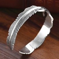 Women Feather Bangle Cuff Bracelet, Retro Silver Color Open Wrist Wrap 606