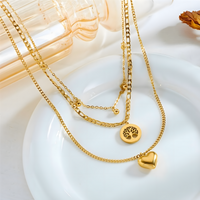3 PCS Layered Gold Necklace Set Women Heart & Tree of Life Pendant & Earing 704