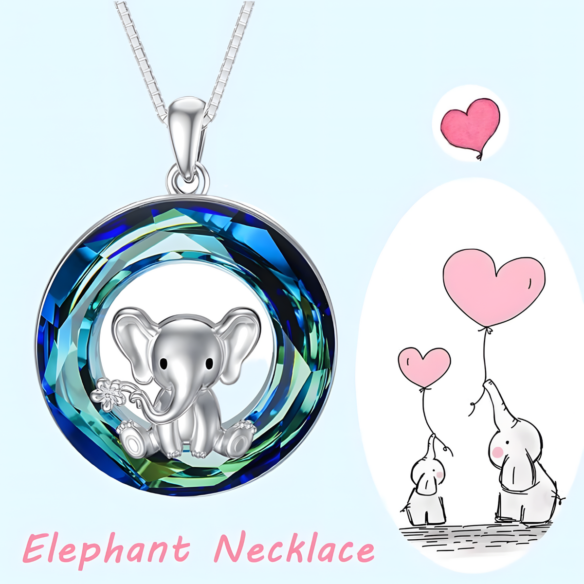 Unified Jewellery Cute Elephant Necklace Blue Crystal Circle Silver Tone B63