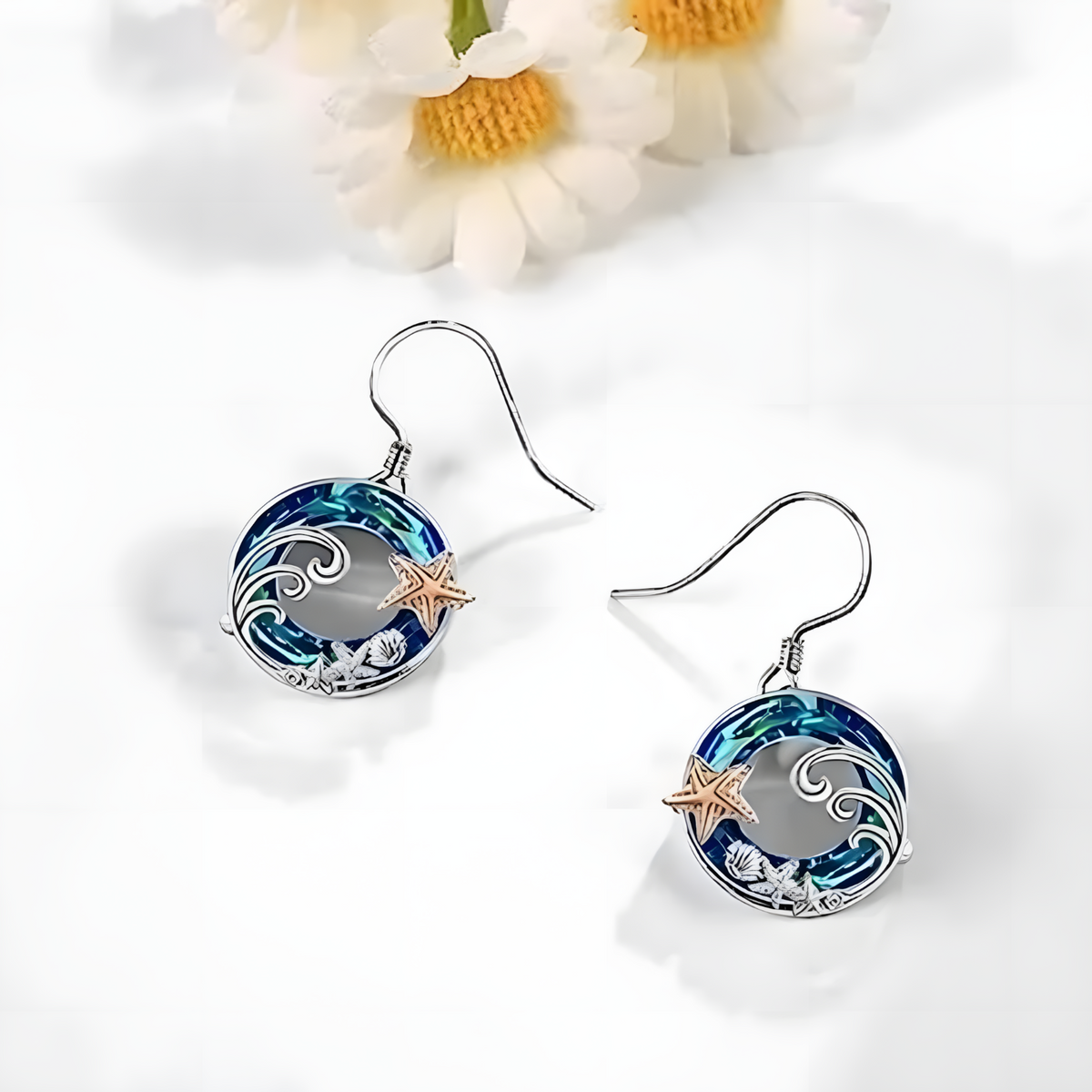 Exquisite Starfish and Shell Pendant Necklace, Blue Crystal Circle Seaside b148